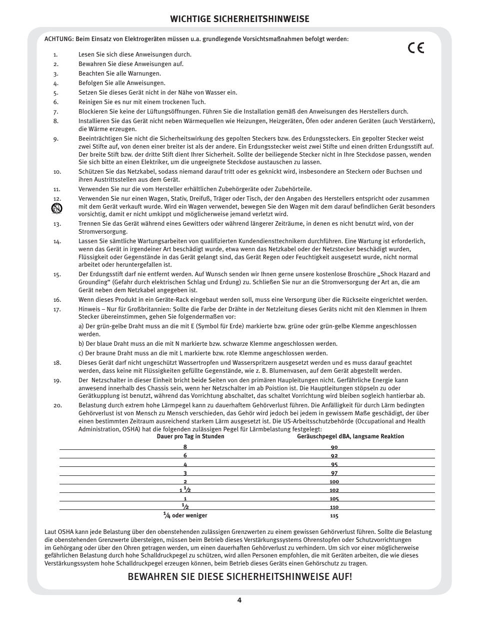 Bewahren sie diese sicherheitshinweise auf, Wichtige sicherheitshinweise | Peavey 6505+ User Manual | Page 4 / 16