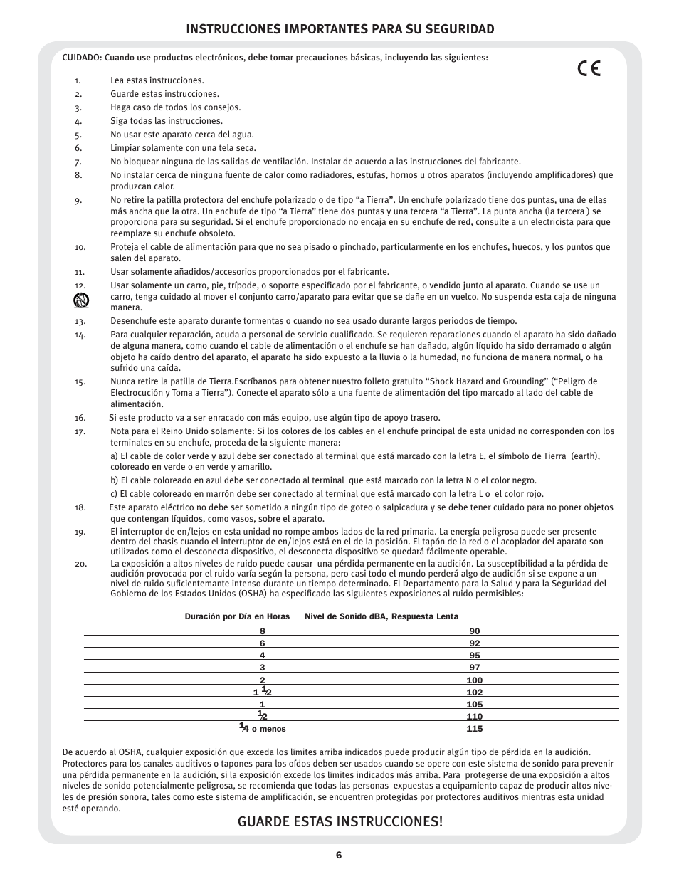 Guarde estas instrucciones, Instrucciones importantes para su seguridad | Peavey 6505+ User Manual | Page 6 / 16