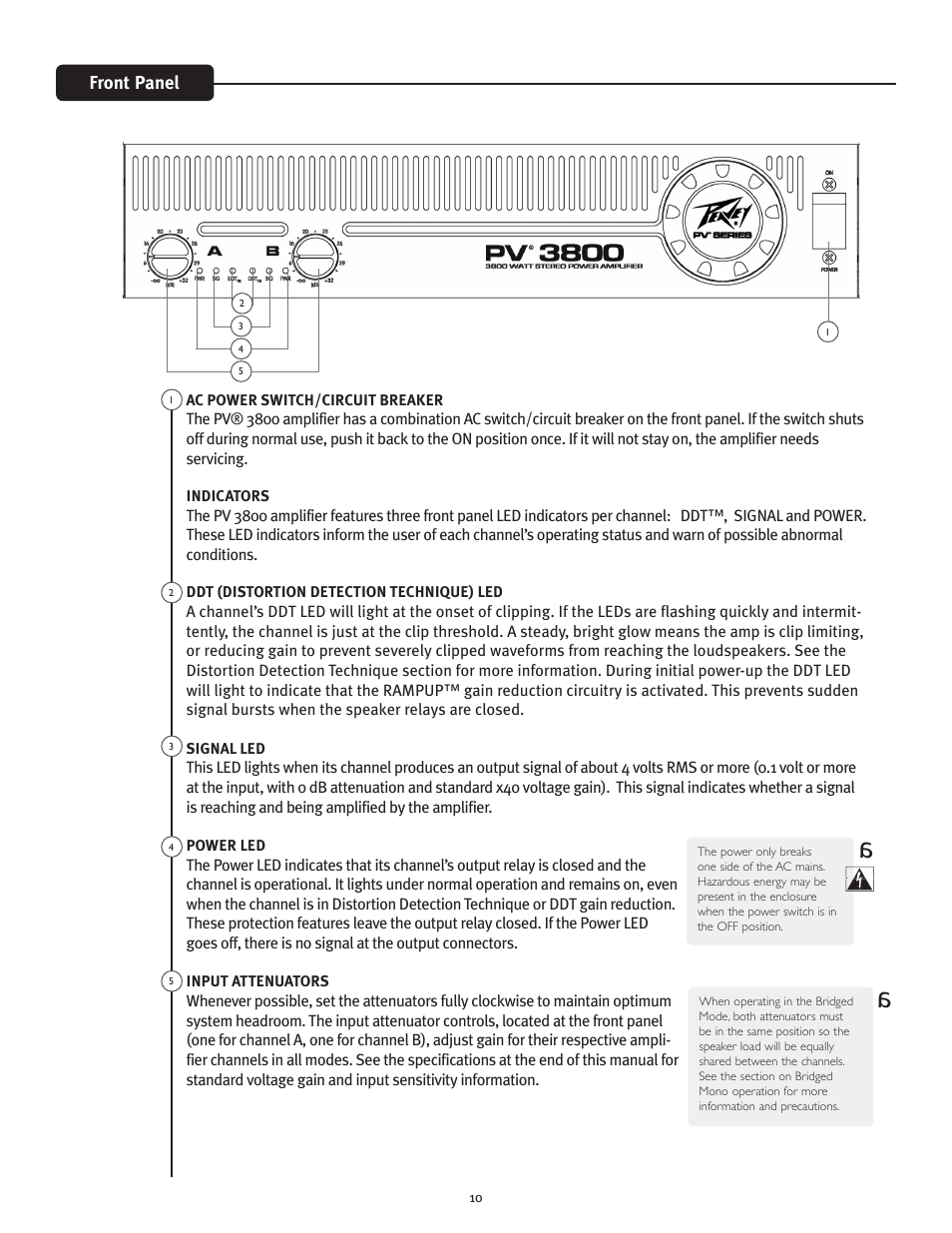 Front panel | Peavey PV 3800 User Manual | Page 10 / 20