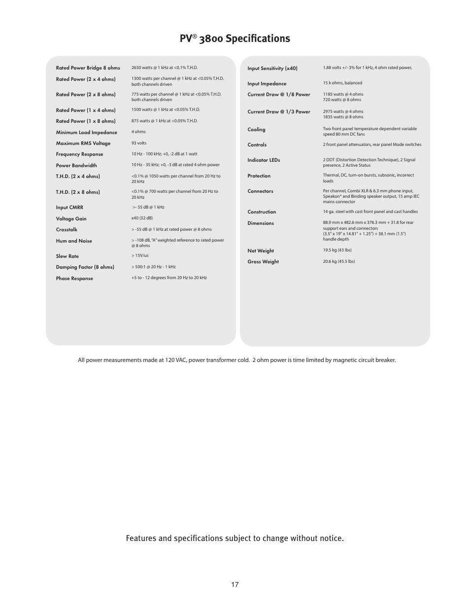 3800 specifications | Peavey PV 3800 User Manual | Page 17 / 20