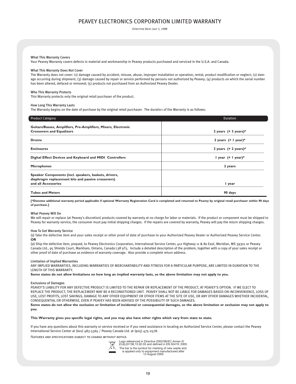 Peavey electronics corporation limited warranty | Peavey PV 3800 User Manual | Page 19 / 20