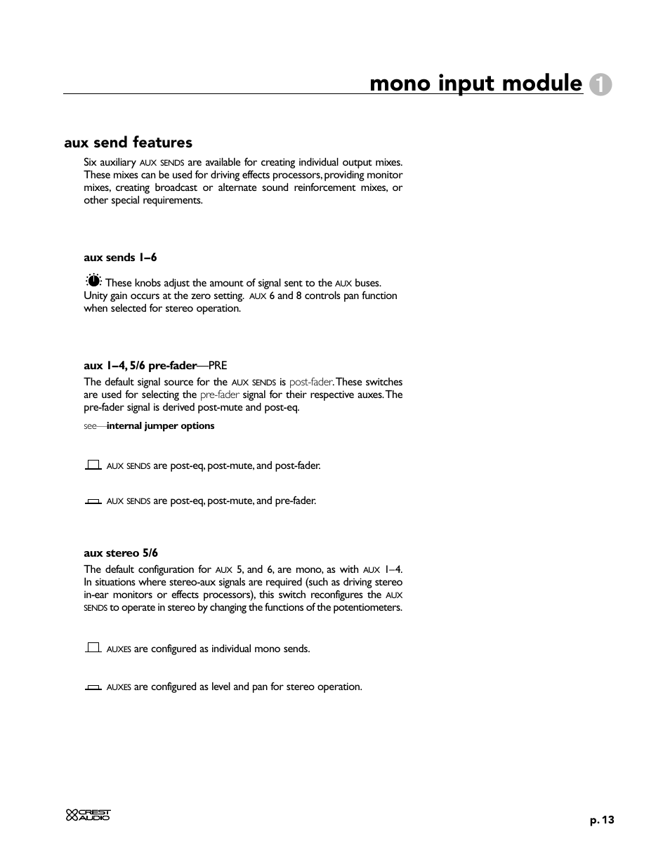 Mono input module, Aux send features | Peavey X-Four User Manual | Page 13 / 84