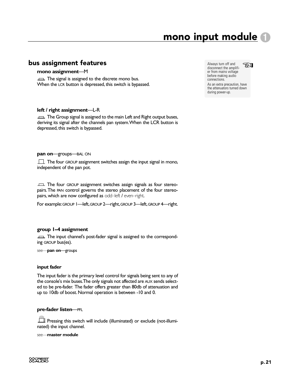 Mono input module, Bus assignment features | Peavey X-Four User Manual | Page 21 / 84