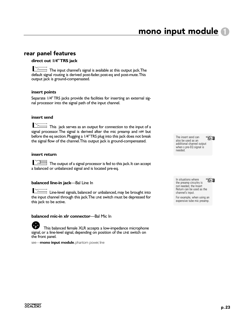 Mono input module, Rear panel features | Peavey X-Four User Manual | Page 23 / 84