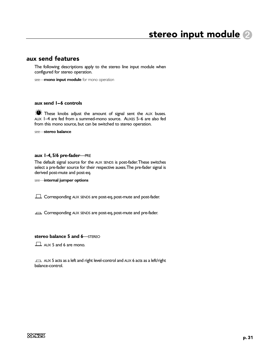 Stereo input module, Aux send features | Peavey X-Four User Manual | Page 31 / 84