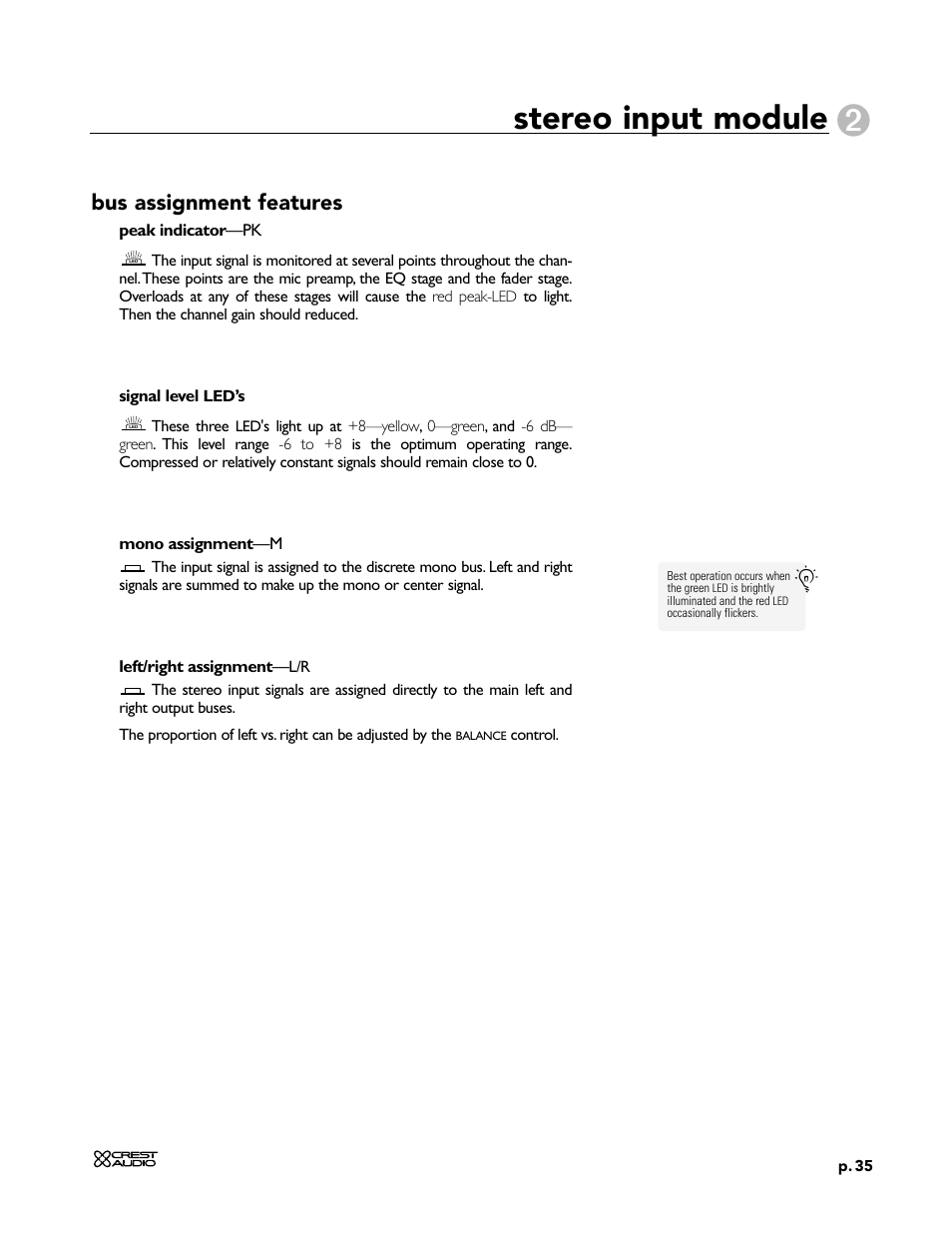 Stereo input module, Bus assignment features | Peavey X-Four User Manual | Page 35 / 84