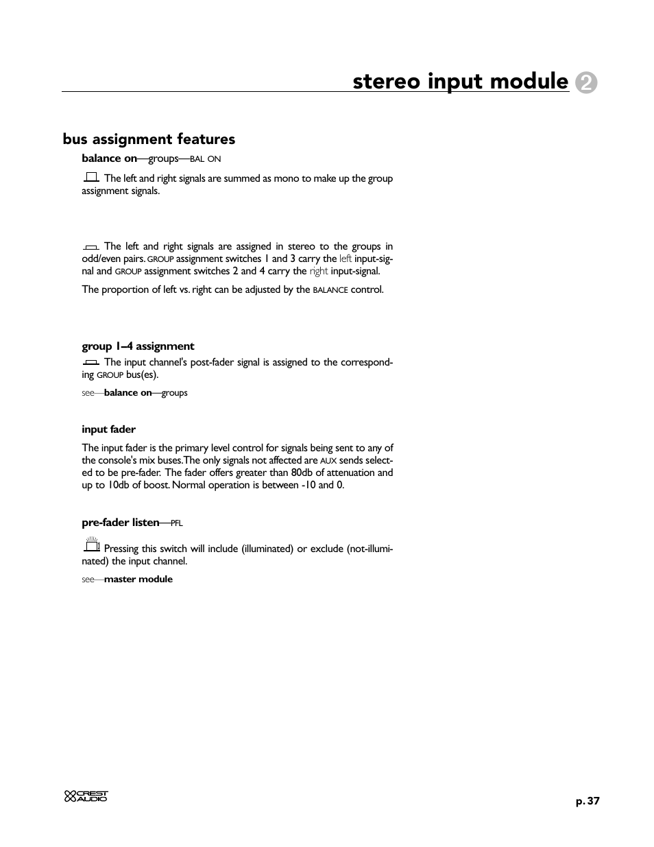 Stereo input module, Bus assignment features | Peavey X-Four User Manual | Page 37 / 84