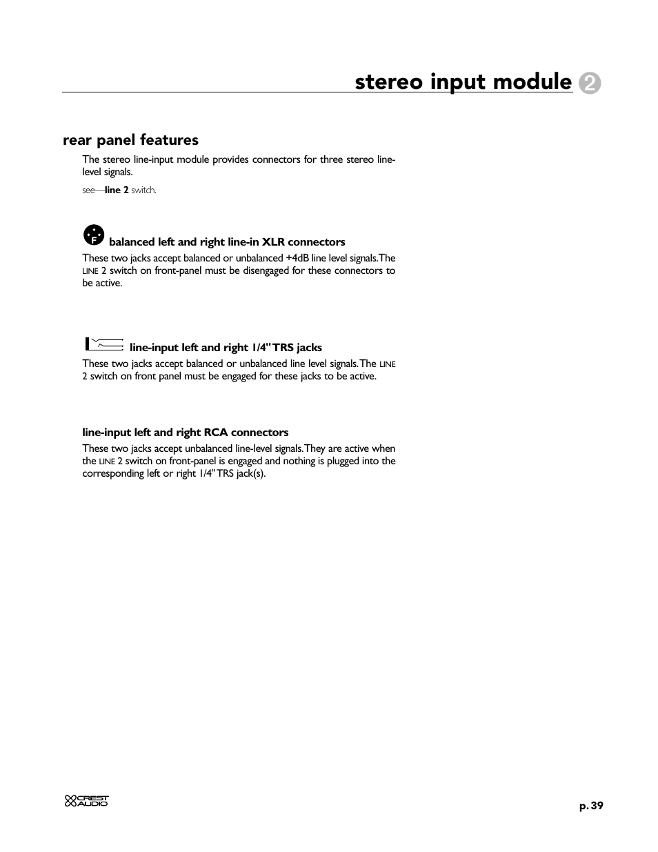 Stereo input module, Rear panel features | Peavey X-Four User Manual | Page 39 / 84