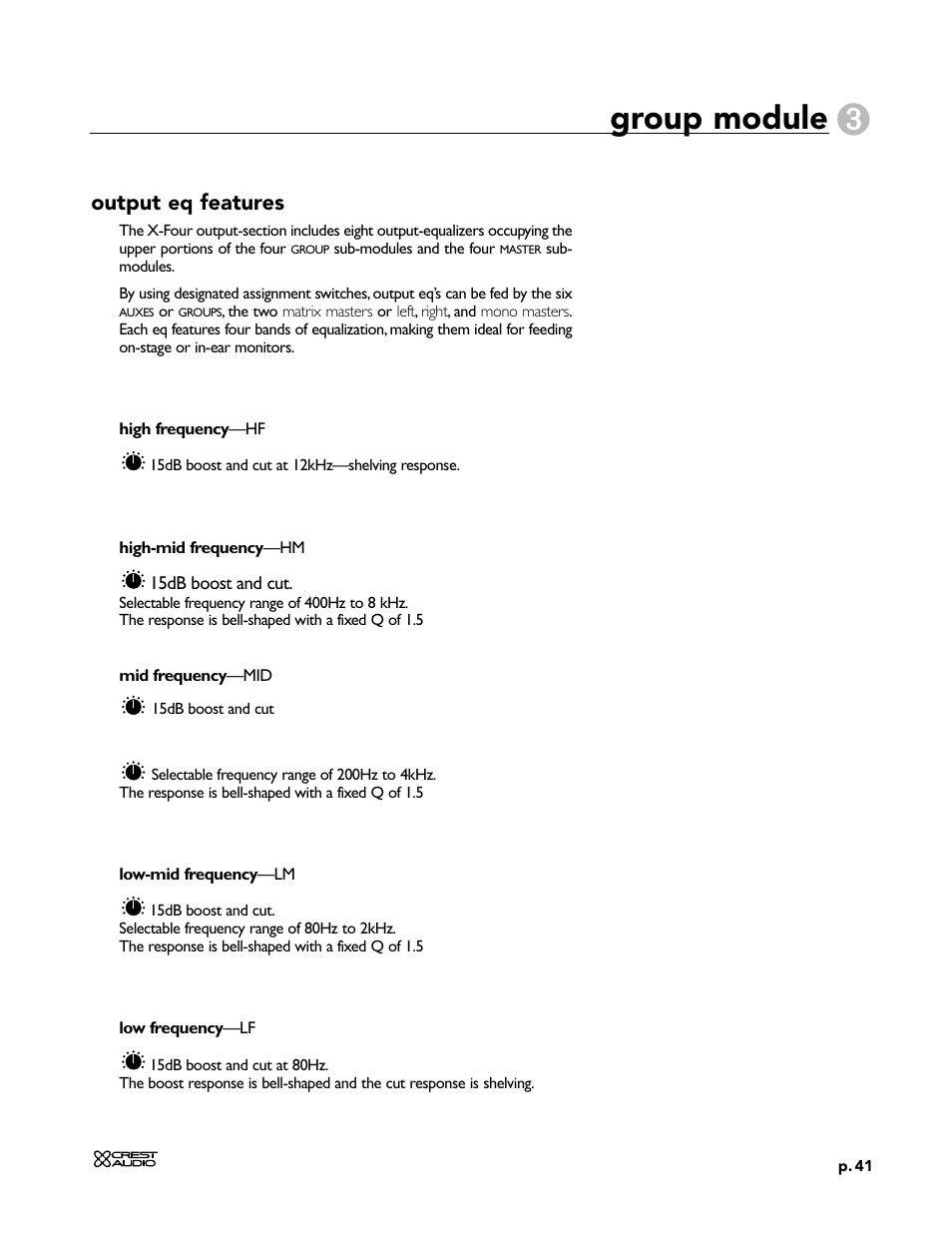 Group module, Output eq features | Peavey X-Four User Manual | Page 41 / 84
