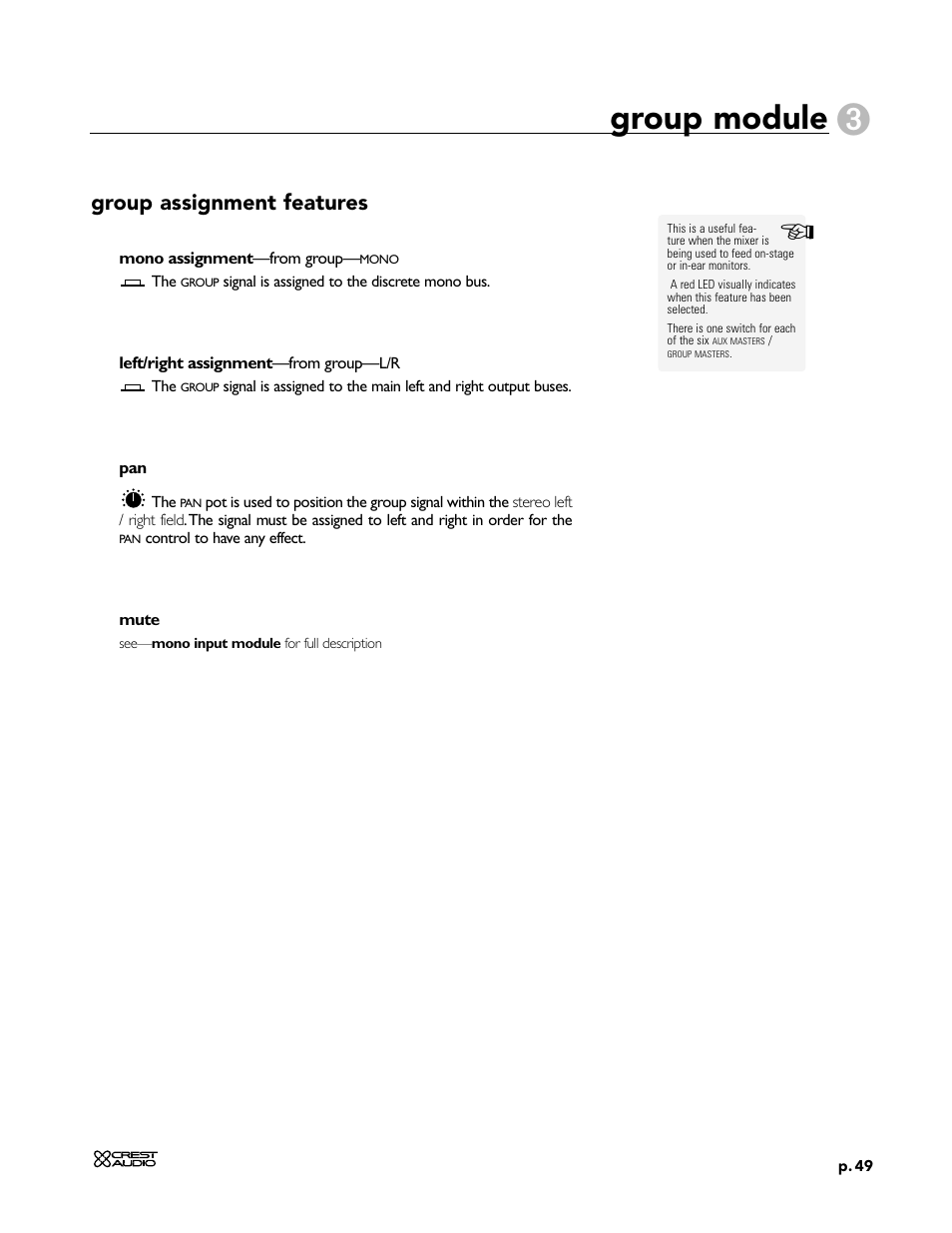 Group module, Group assignment features | Peavey X-Four User Manual | Page 49 / 84