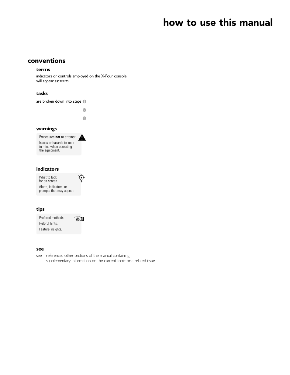 How to use this manual, Conventions | Peavey X-Four User Manual | Page 5 / 84