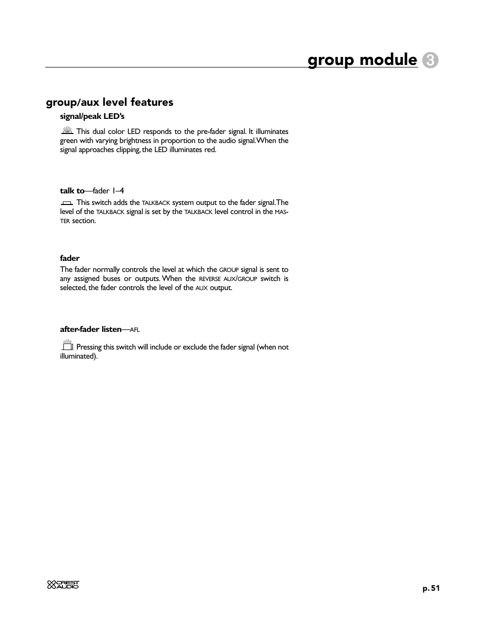 Group module, Group, Aux level features | Peavey X-Four User Manual | Page 51 / 84