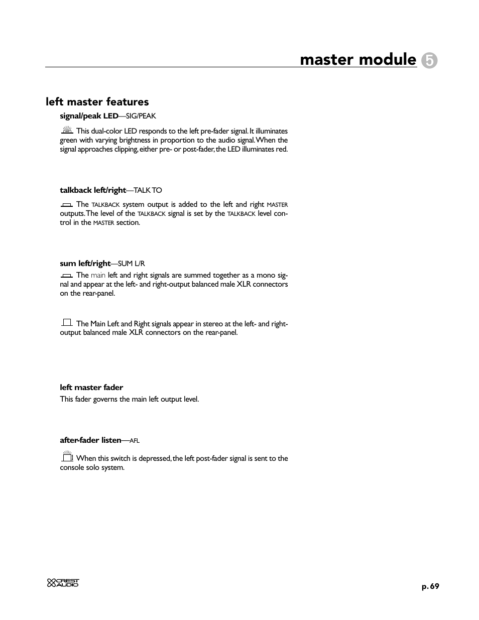 Master module, Left master features | Peavey X-Four User Manual | Page 69 / 84