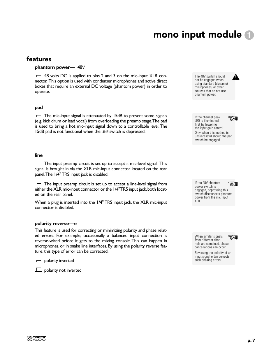 Mono input module | Peavey X-Four User Manual | Page 7 / 84