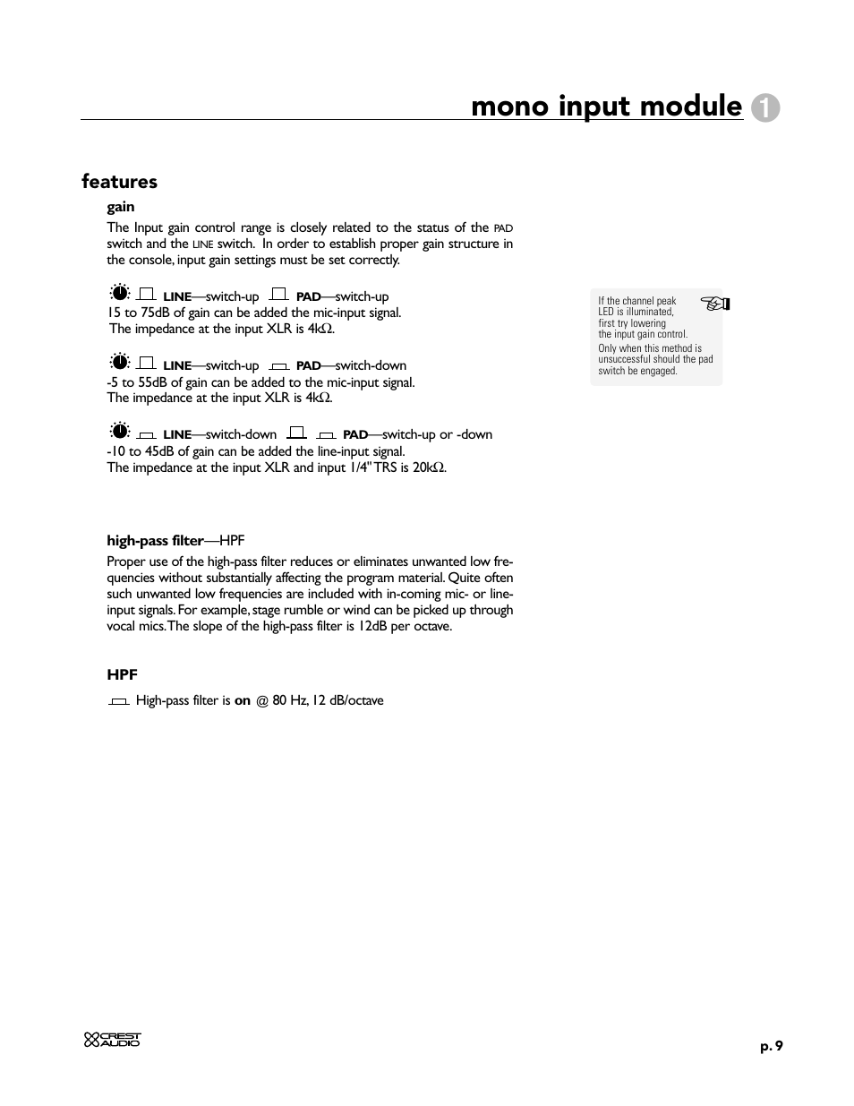 Mono input module, Features | Peavey X-Four User Manual | Page 9 / 84