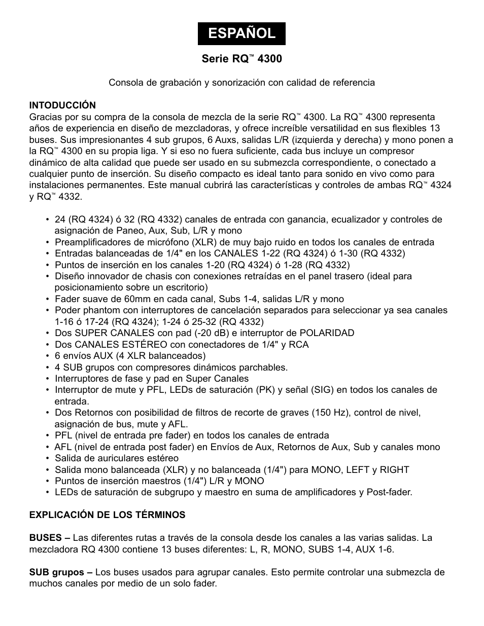 Español, Serie rq | Peavey RQ 4300 Series User Manual | Page 20 / 60