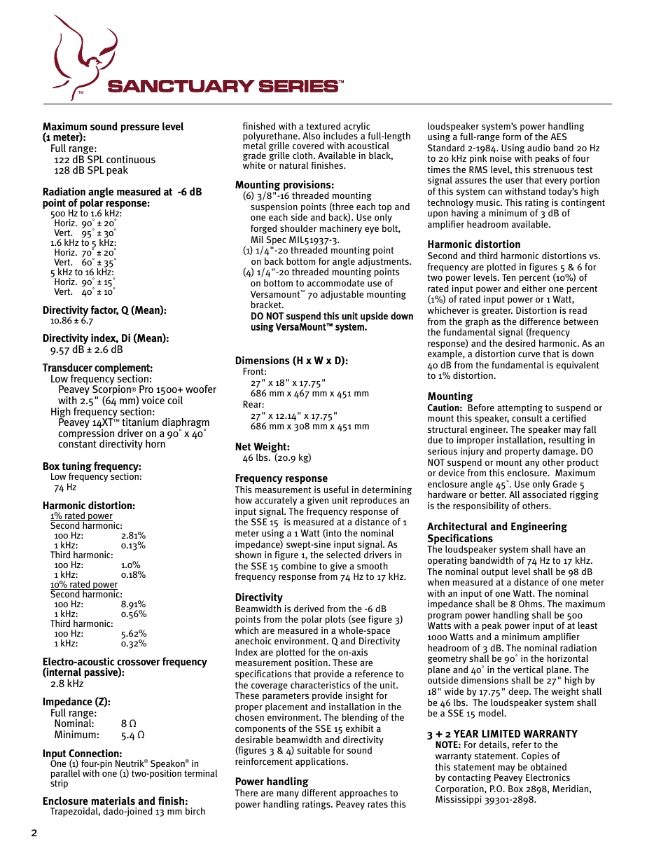 Peavey Sanctuary SSE 15 User Manual | Page 2 / 12