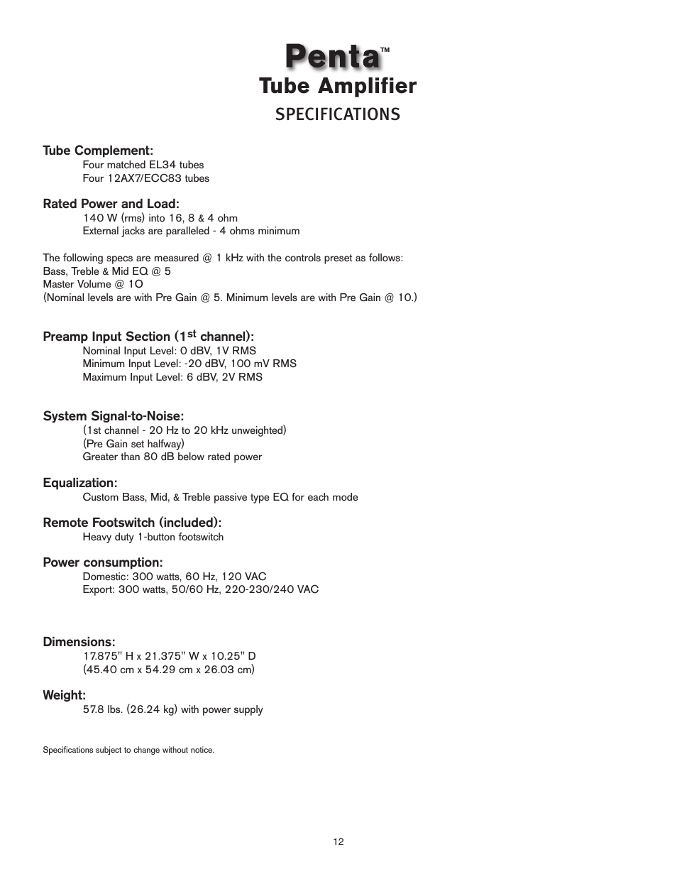 Tube amplifier, Specifications | Peavey Penta Tube Amplifier User Manual | Page 12 / 32