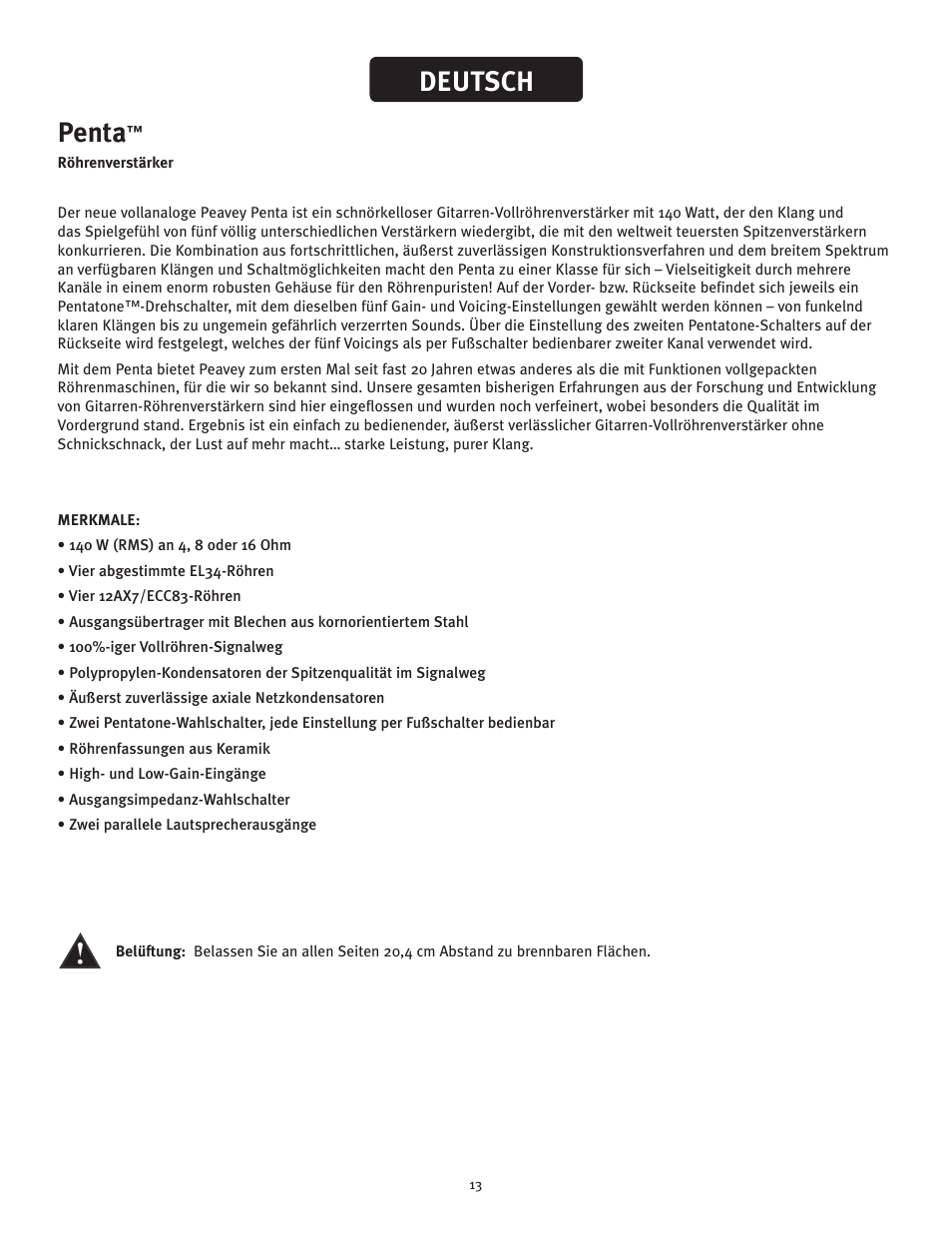 Penta, Deutsch | Peavey Penta Tube Amplifier User Manual | Page 13 / 32