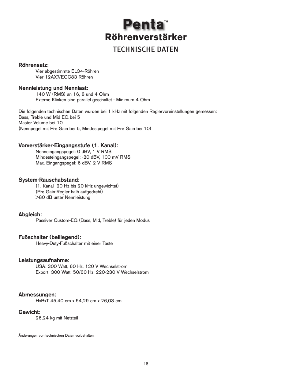 Röhrenverstärker, Technische daten | Peavey Penta Tube Amplifier User Manual | Page 18 / 32