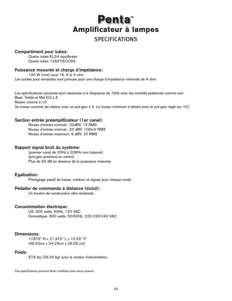 Amplificateur à lampes, Specifications | Peavey Penta Tube Amplifier User Manual | Page 24 / 32