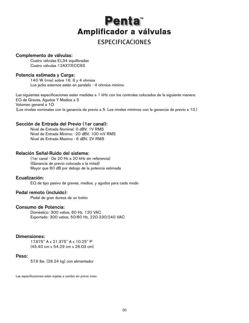 Amplificador a válvulas, Especificaciones | Peavey Penta Tube Amplifier User Manual | Page 30 / 32