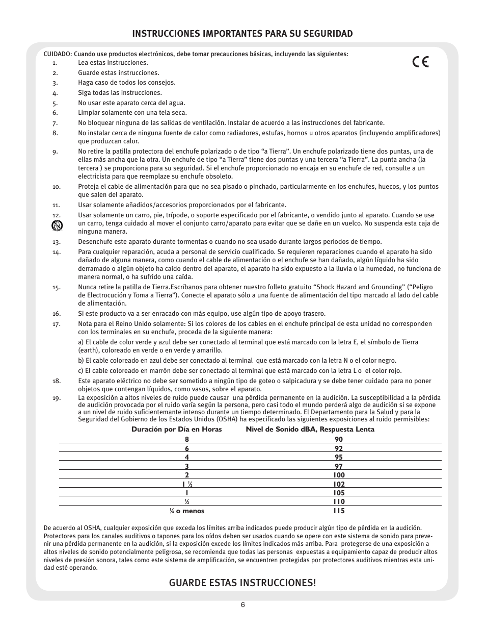 Guarde estas instrucciones, Instrucciones importantes para su seguridad | Peavey Penta Tube Amplifier User Manual | Page 6 / 32