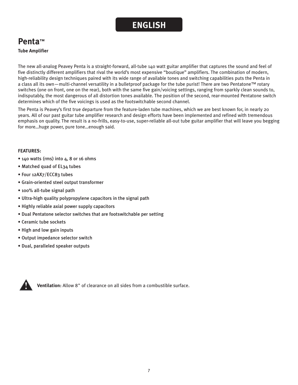 Penta, English | Peavey Penta Tube Amplifier User Manual | Page 7 / 32