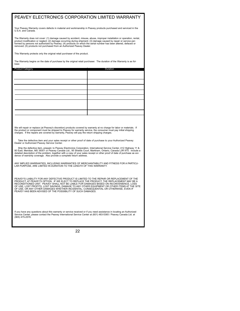 Peavey electronics corporation limited warranty | Peavey PCX-V12 User Manual | Page 22 / 24