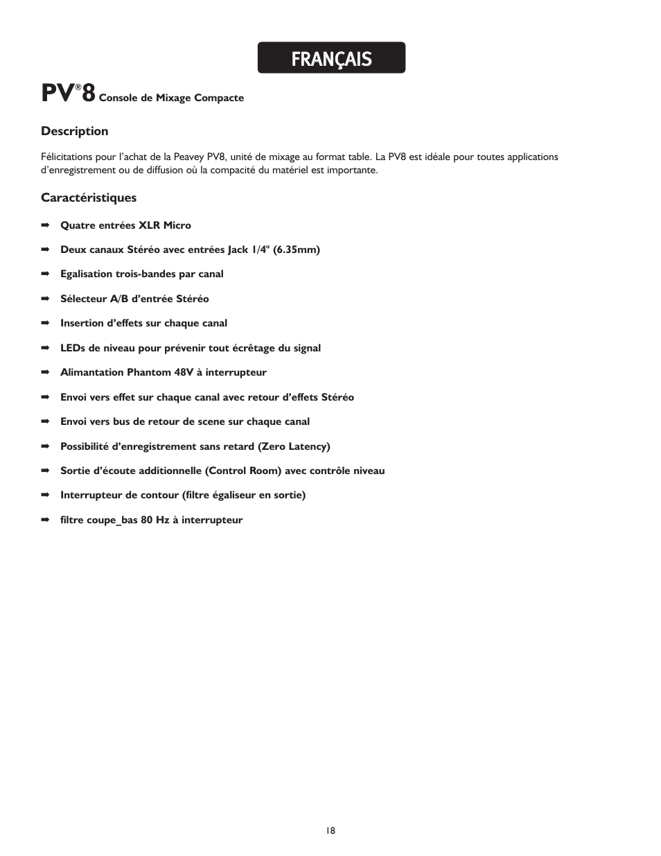Ffr ra an nç ça aiis s | Peavey PV 8 User Manual | Page 18 / 36