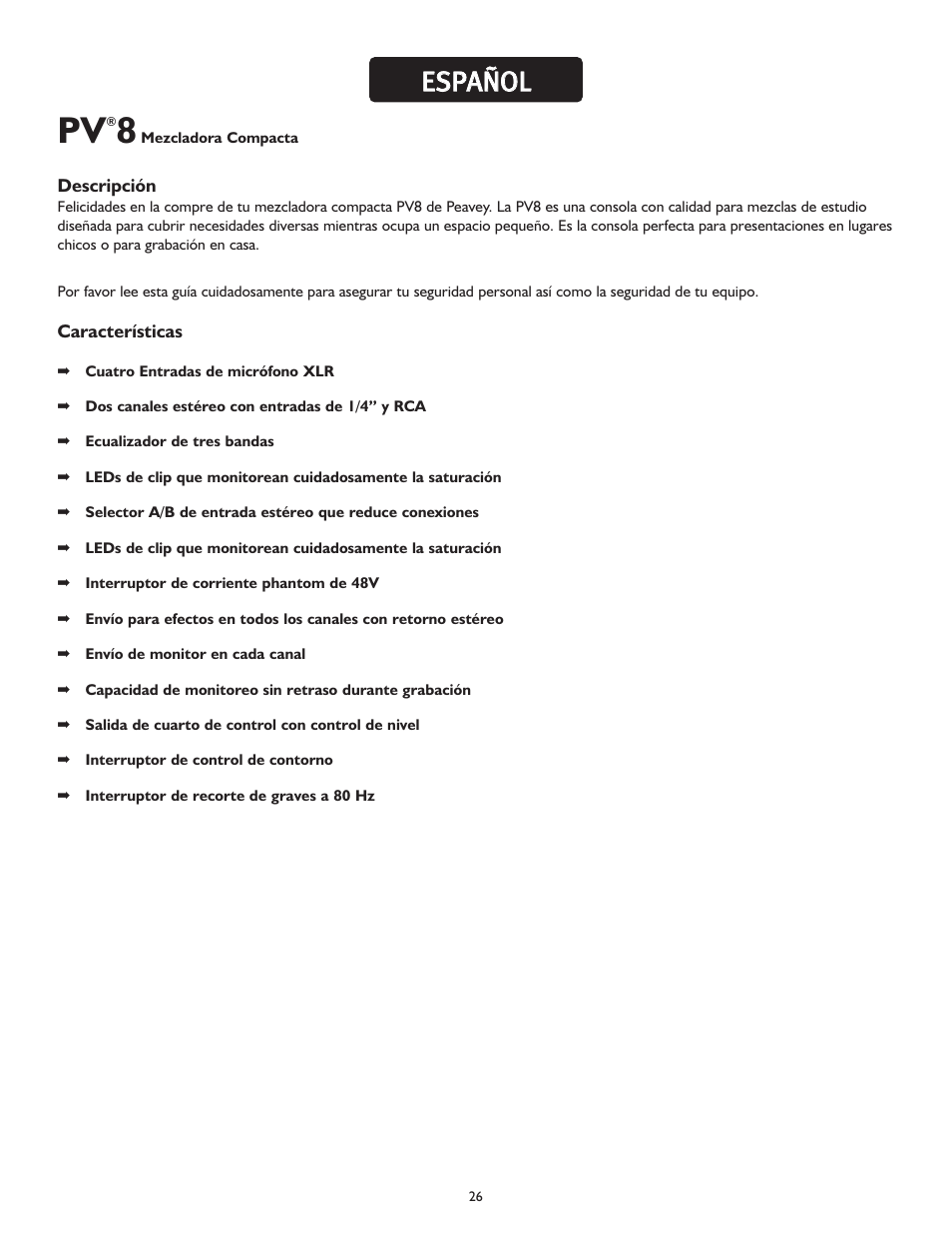 Ees sp pa añ ño ol l | Peavey PV 8 User Manual | Page 26 / 36