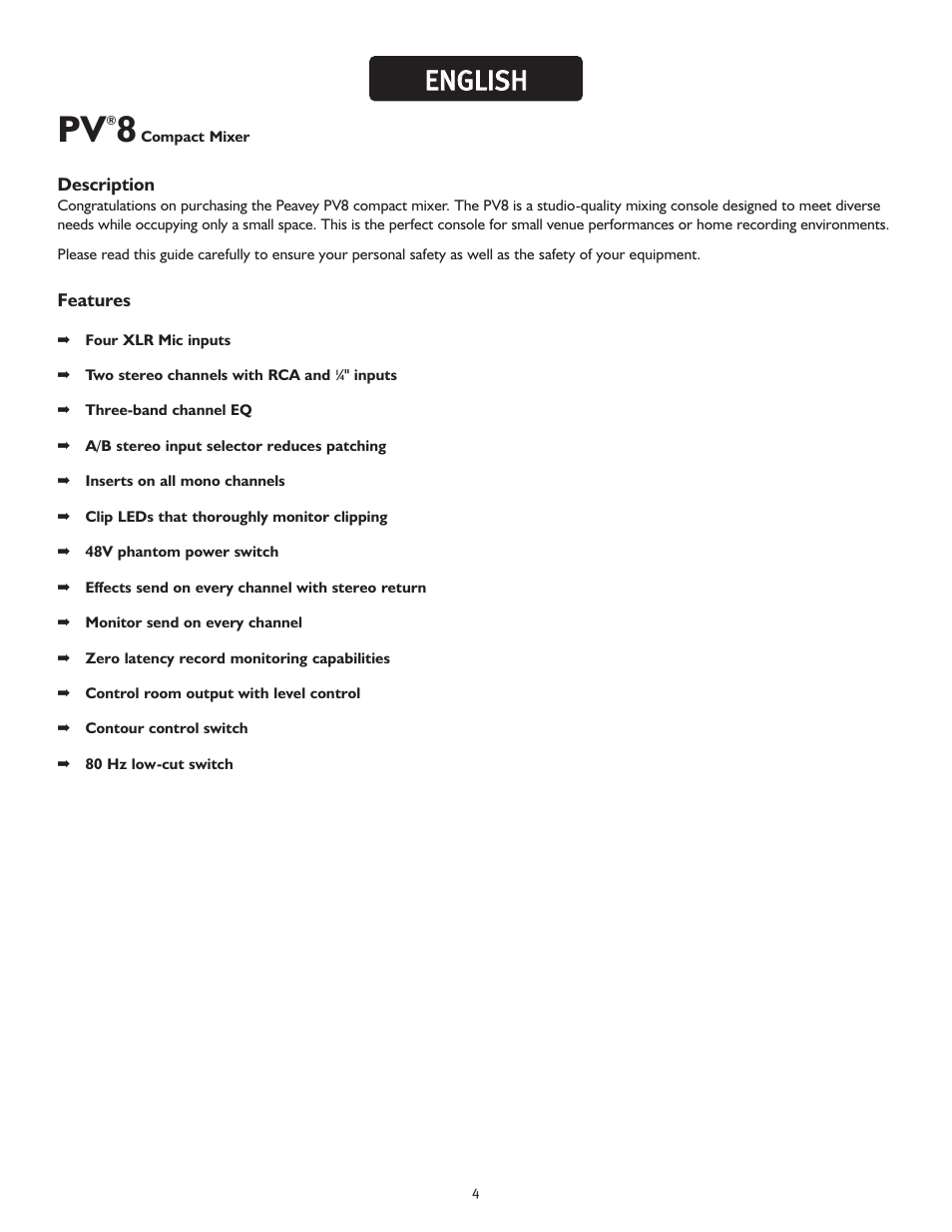 Een ng gl liis sh h | Peavey PV 8 User Manual | Page 4 / 36