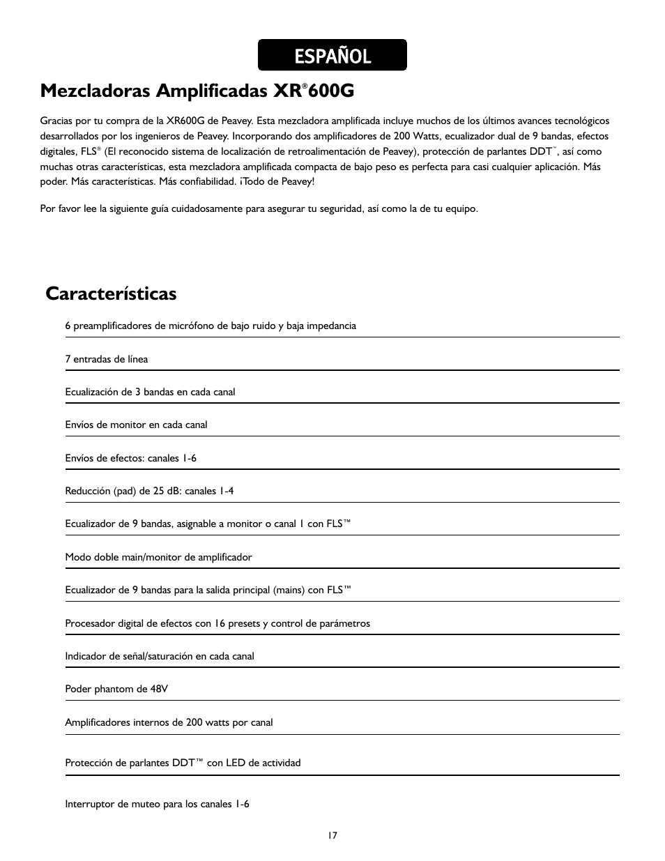 Mezcladoras amplificadas xr, 600g, Ees sp pa añ ño oll características | Peavey XR 600G User Manual | Page 17 / 44