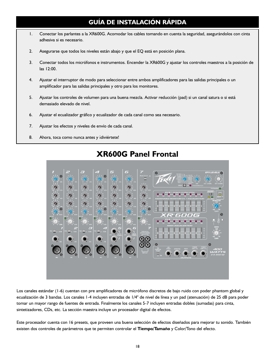 Xr600g panel frontal, Guía de instalación rápida | Peavey XR 600G User Manual | Page 18 / 44