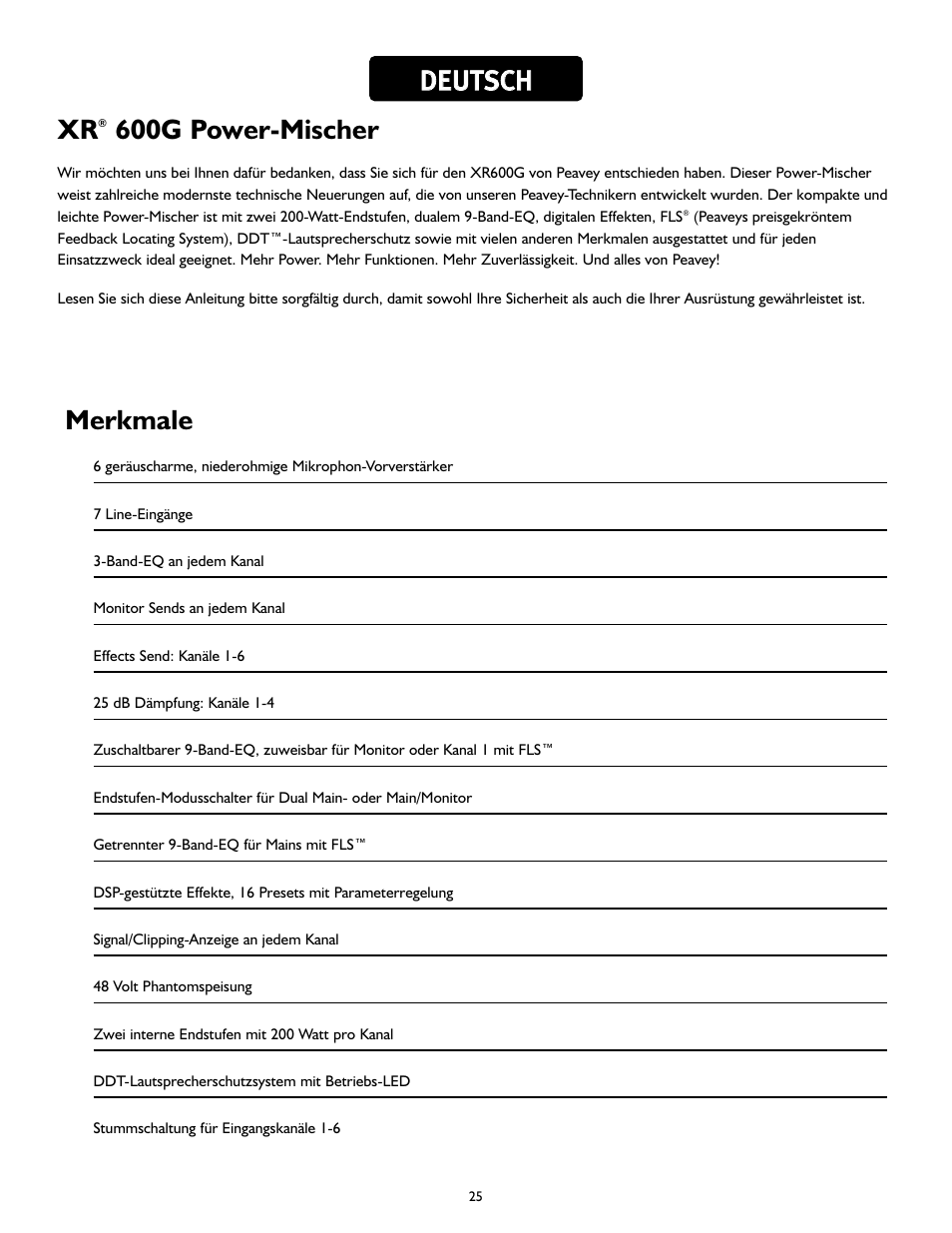 600g power-mischer, Dde eu ut ts sc ch h merkmale | Peavey XR 600G User Manual | Page 25 / 44