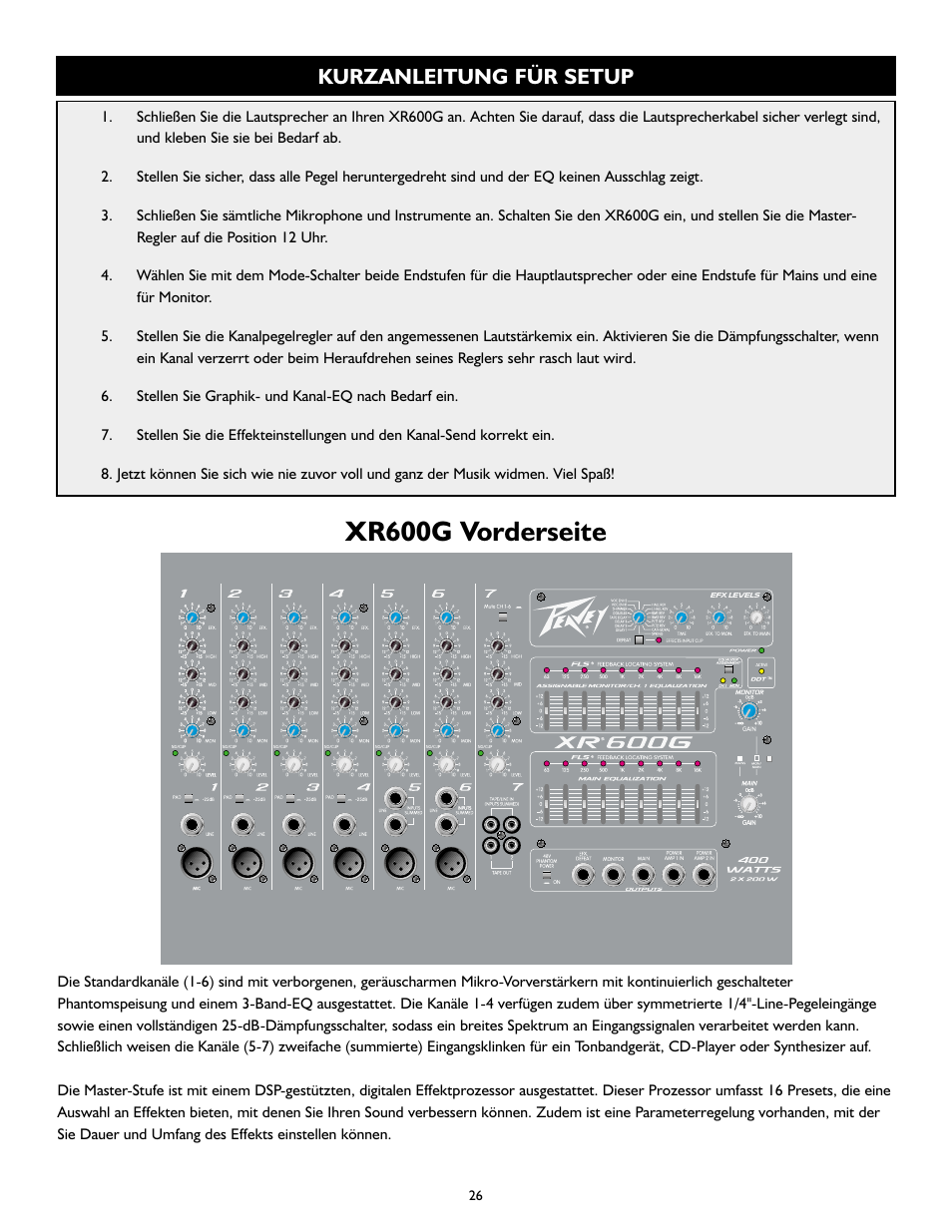 Xr600g vorderseite, Kurzanleitung für setup | Peavey XR 600G User Manual | Page 26 / 44