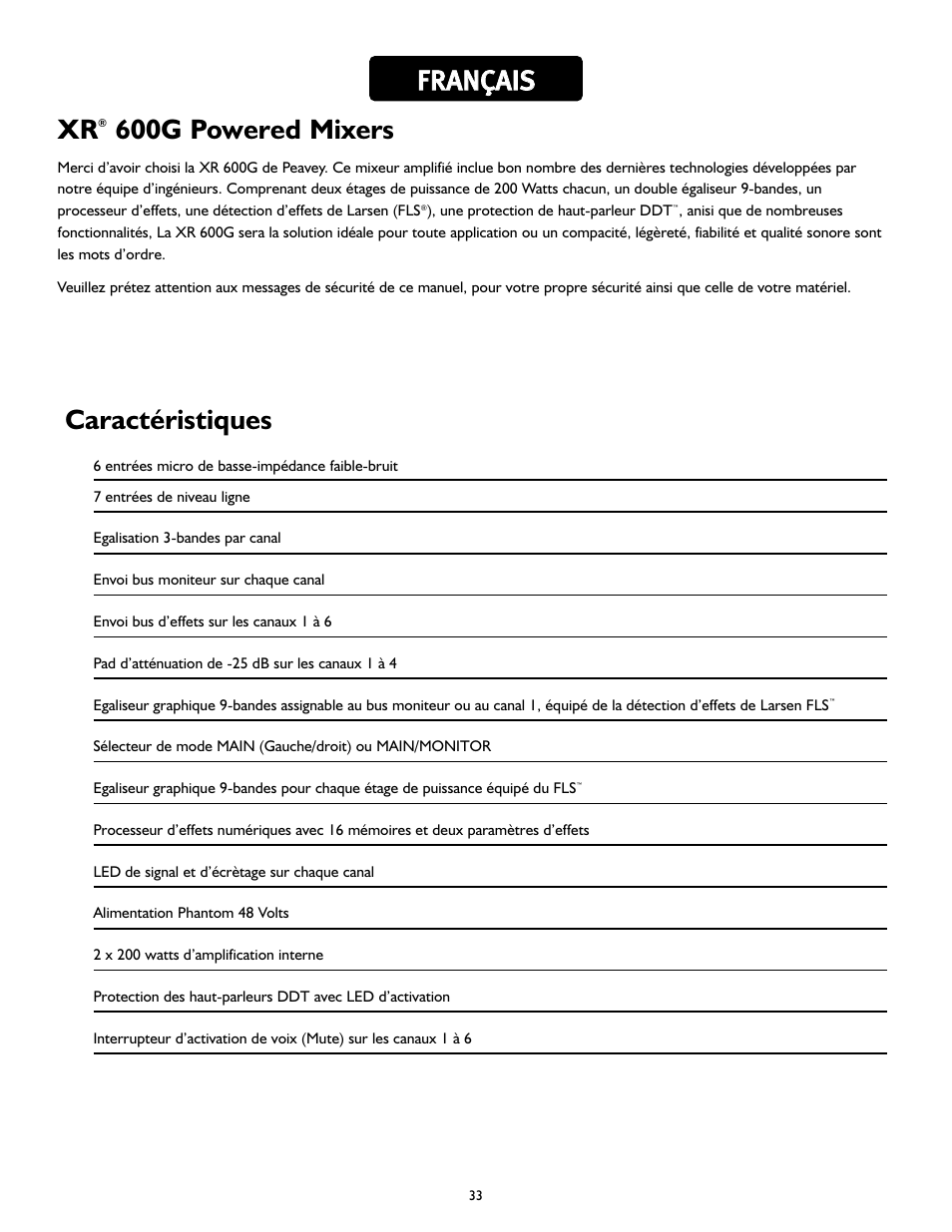 600g powered mixers, Ffr ra an nç ça aiis s caractéristiques | Peavey XR 600G User Manual | Page 33 / 44