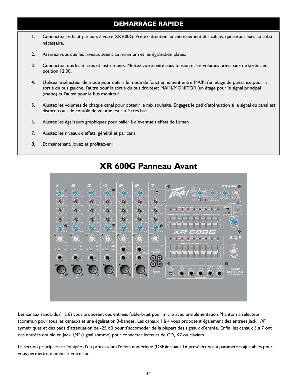 Xr 600g panneau avant, Demarrage rapide | Peavey XR 600G User Manual | Page 34 / 44