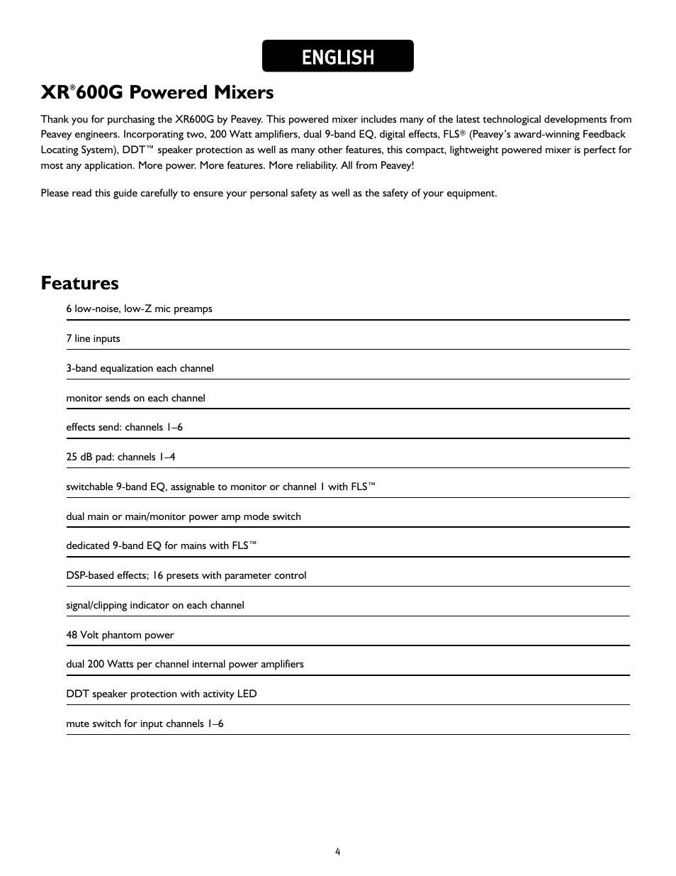 600g powered mixers, Een ng glliis sh h, Features | Peavey XR 600G User Manual | Page 4 / 44