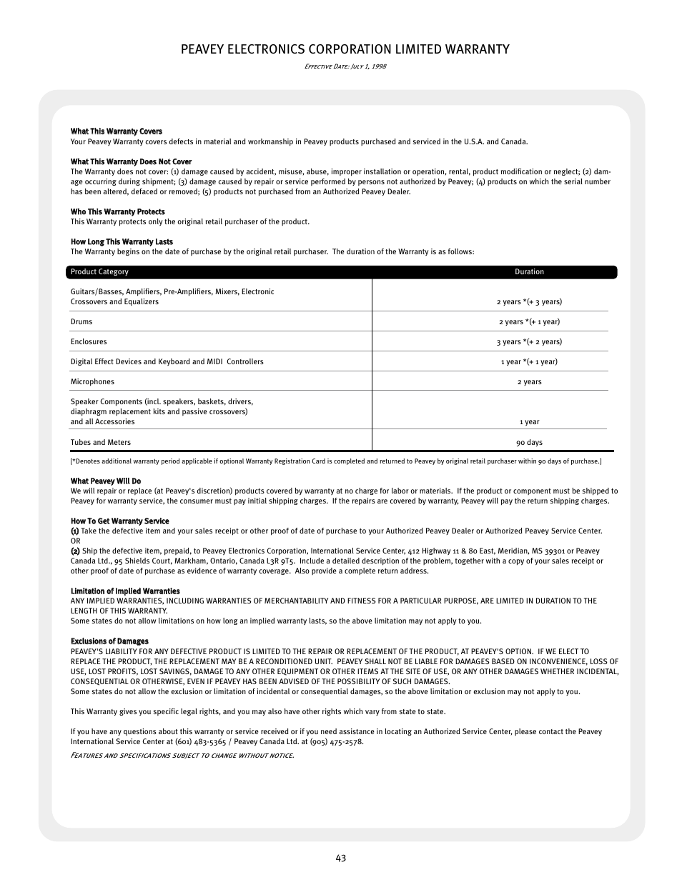 Peavey electronics corporation limited warranty | Peavey XR 600G User Manual | Page 43 / 44