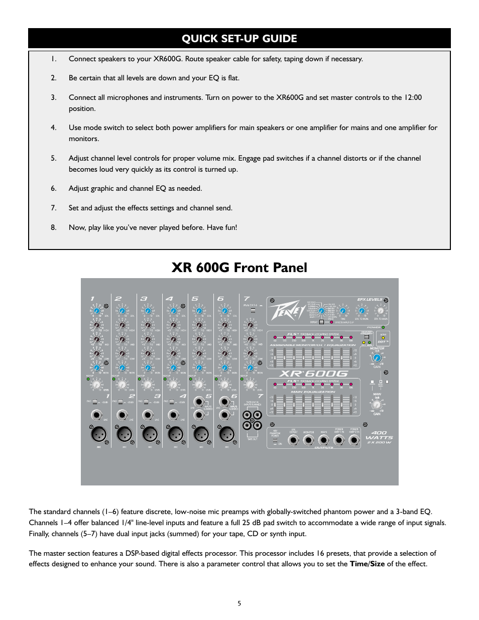 Xr 600g front panel, Quick set-up guide | Peavey XR 600G User Manual | Page 5 / 44