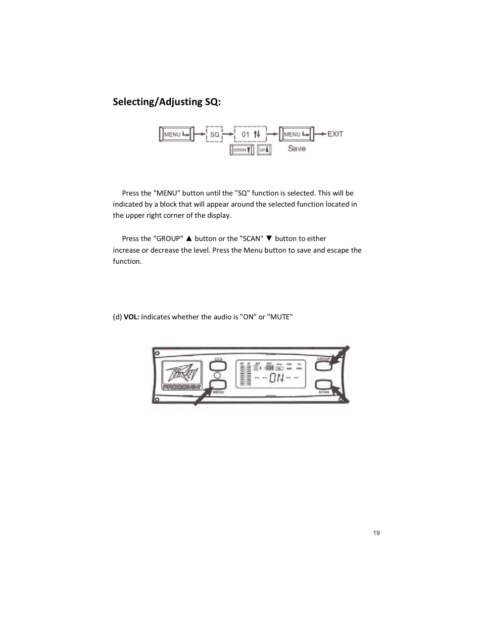 Selecting/adjusting sq | Peavey PRO COMM U1002 User Manual | Page 19 / 36