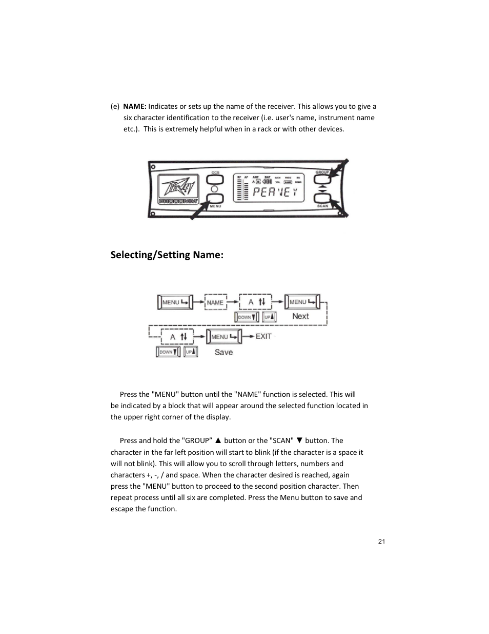 Selecting/setting name | Peavey PRO COMM U1002 User Manual | Page 21 / 36