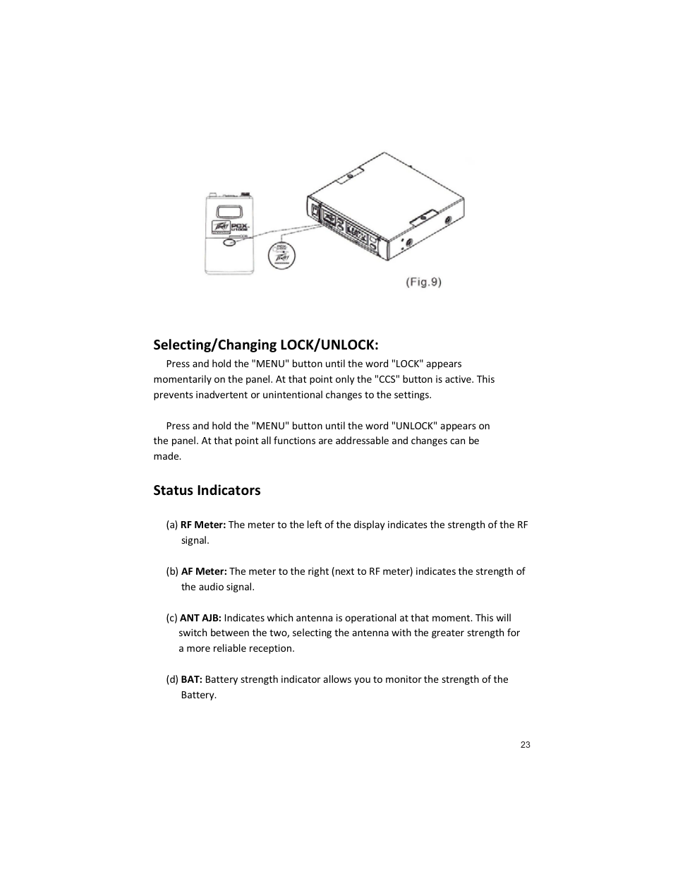 Selecting/changing lock/unlock, Status indicators | Peavey PRO COMM U1002 User Manual | Page 23 / 36