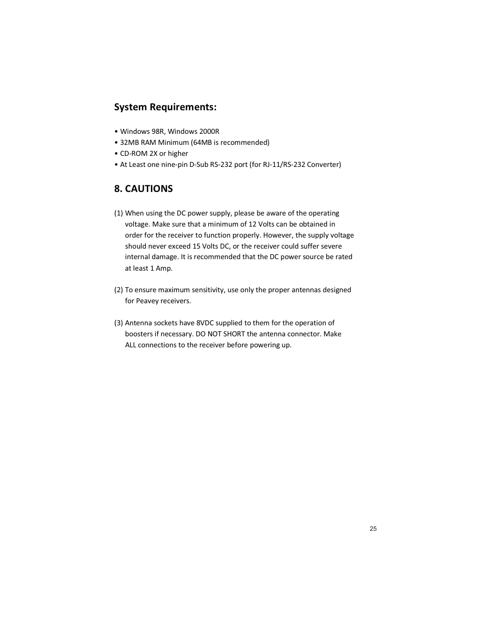 System requirements, Cautions | Peavey PRO COMM U1002 User Manual | Page 25 / 36