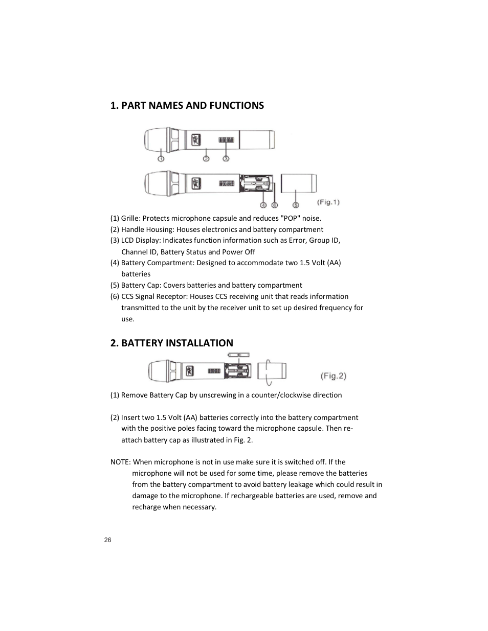Part names and functions, Battery installation | Peavey PRO COMM U1002 User Manual | Page 26 / 36