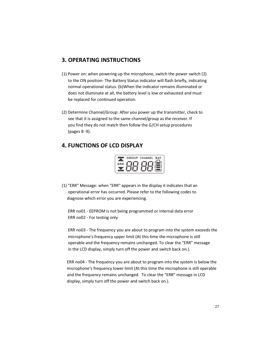 Operating instructions, Functions of lcd display | Peavey PRO COMM U1002 User Manual | Page 27 / 36
