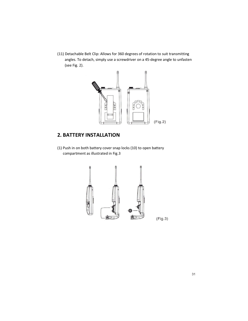 Battery installation | Peavey PRO COMM U1002 User Manual | Page 31 / 36