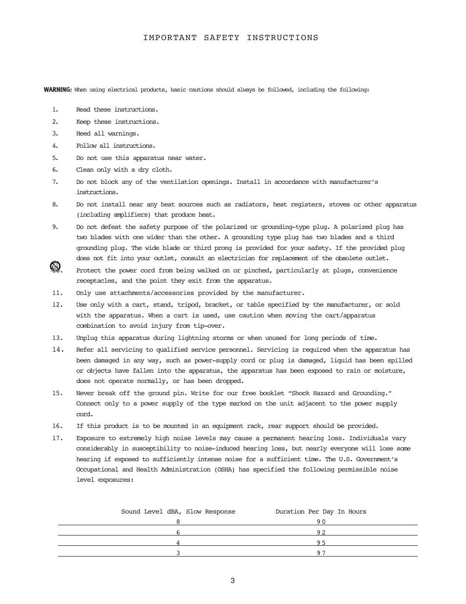 Important safety instructions | Peavey PV 1500 User Manual | Page 3 / 32