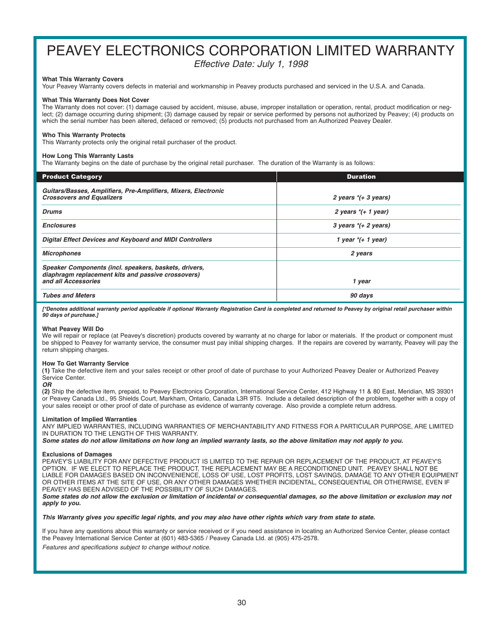 Peavey electronics corporation limited warranty | Peavey PV 1500 User Manual | Page 30 / 32